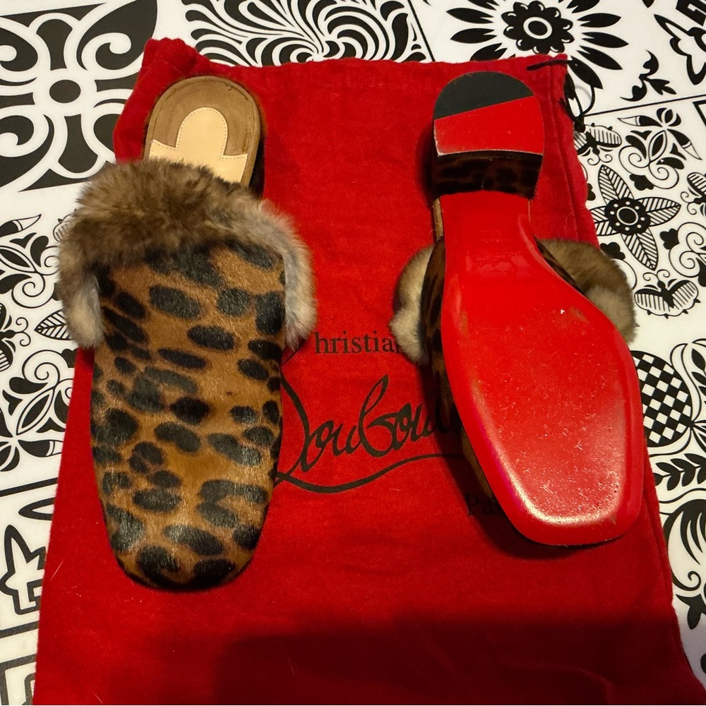 Christian Louboutin Leopard Print Mules with Fur Trim